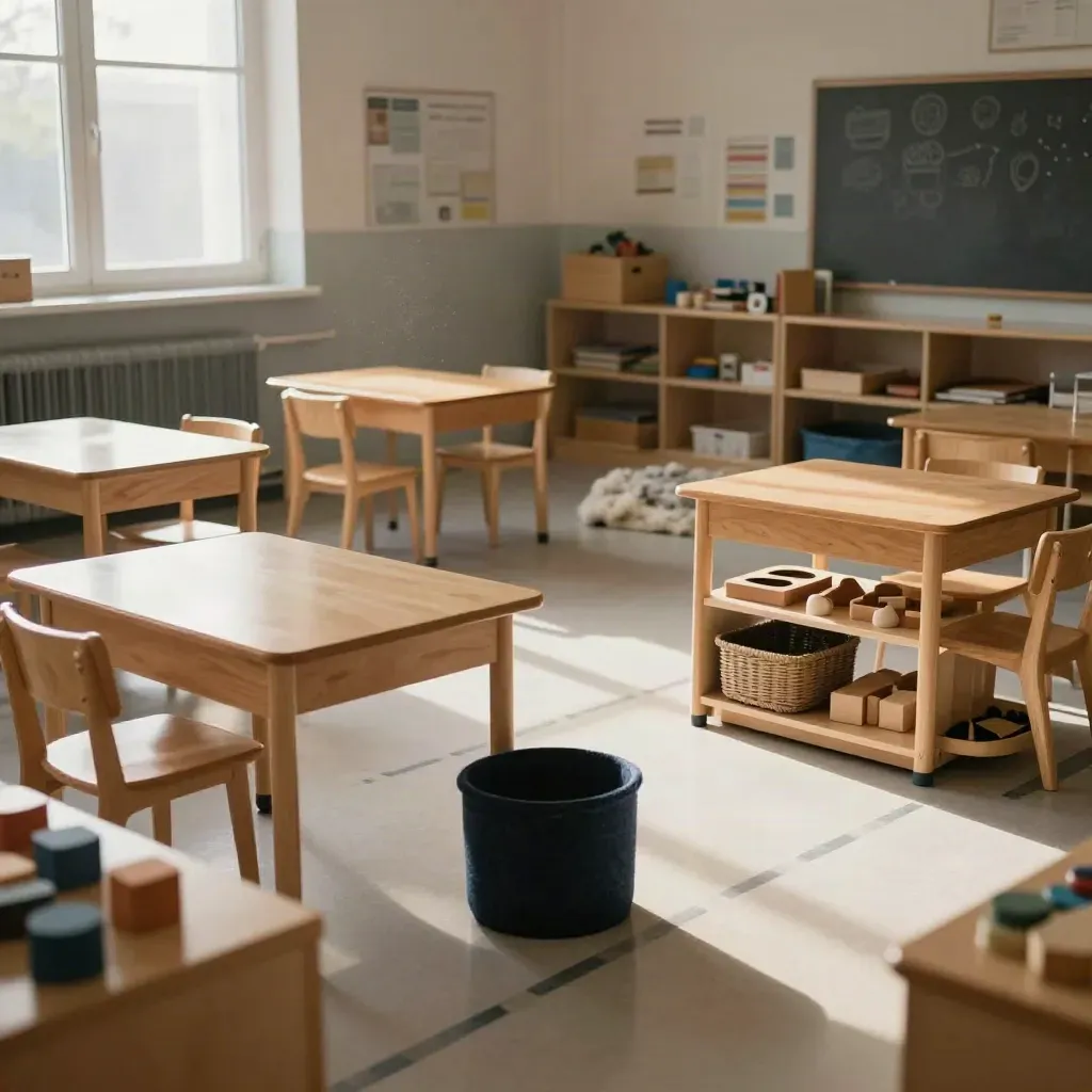 Lege basisschoolklas met observatiezones, rustige hoek, zachte mat en lage sensorische plank.