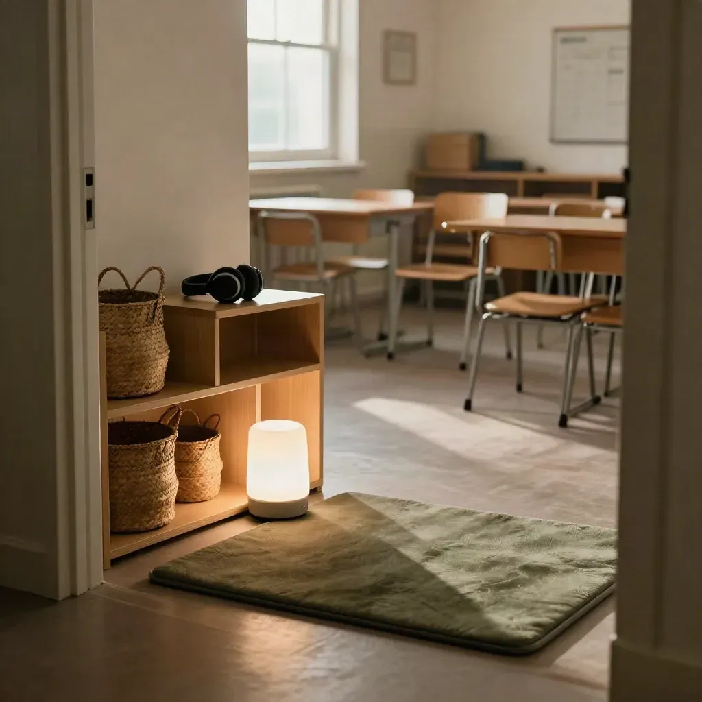Lege klashoek met manden, koptelefoons en een lamp, klaar voor begeleide terugkeer.