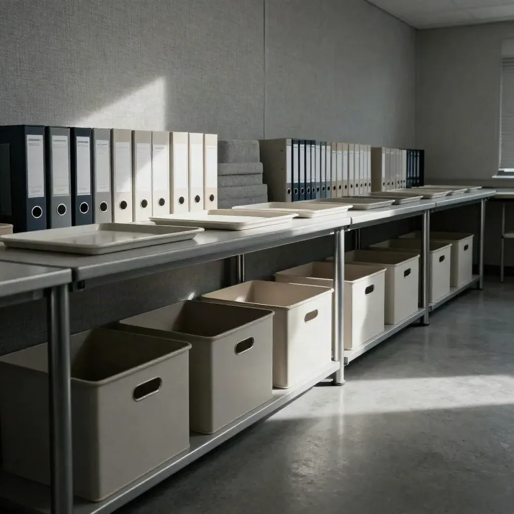 Rustige staffruimte met uniforme bakken, gesloten ordners en strakke opbergbakken.