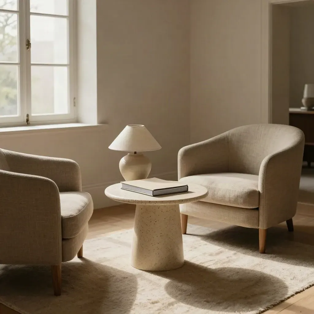 Rustige vergaderruimte met twee fauteuils, ronde tafel, gesloten map en warme lamp.