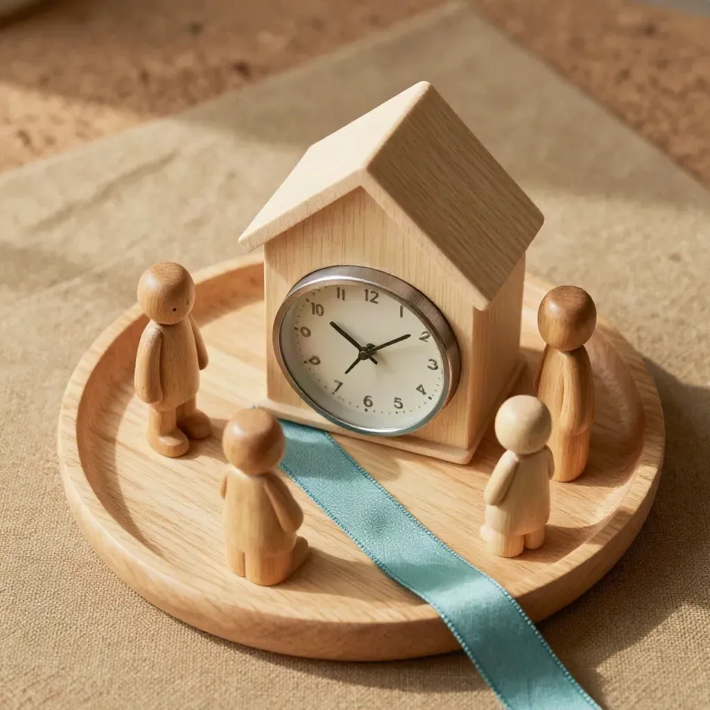 Houten poppetjes rond een huismodel en klok op een linnen ondergrond
