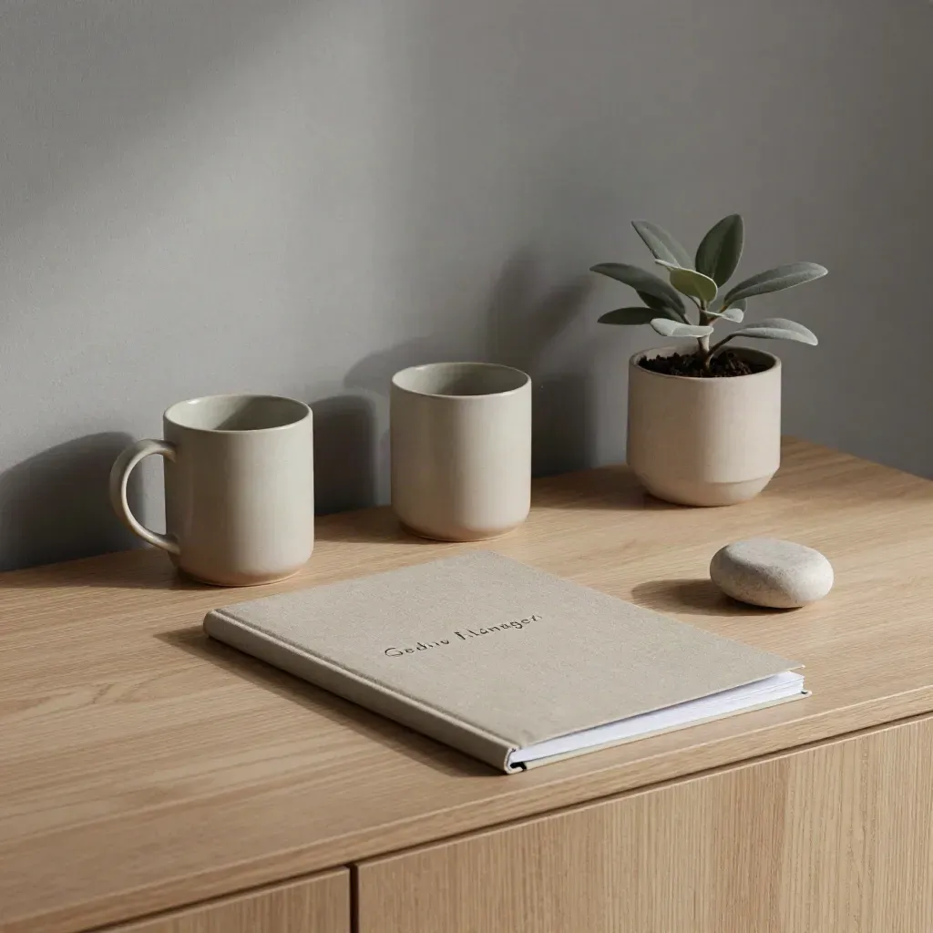 Intakegesprek in rustieke stijl met mokken, map, plant en steen op een lichte houten sideboard.