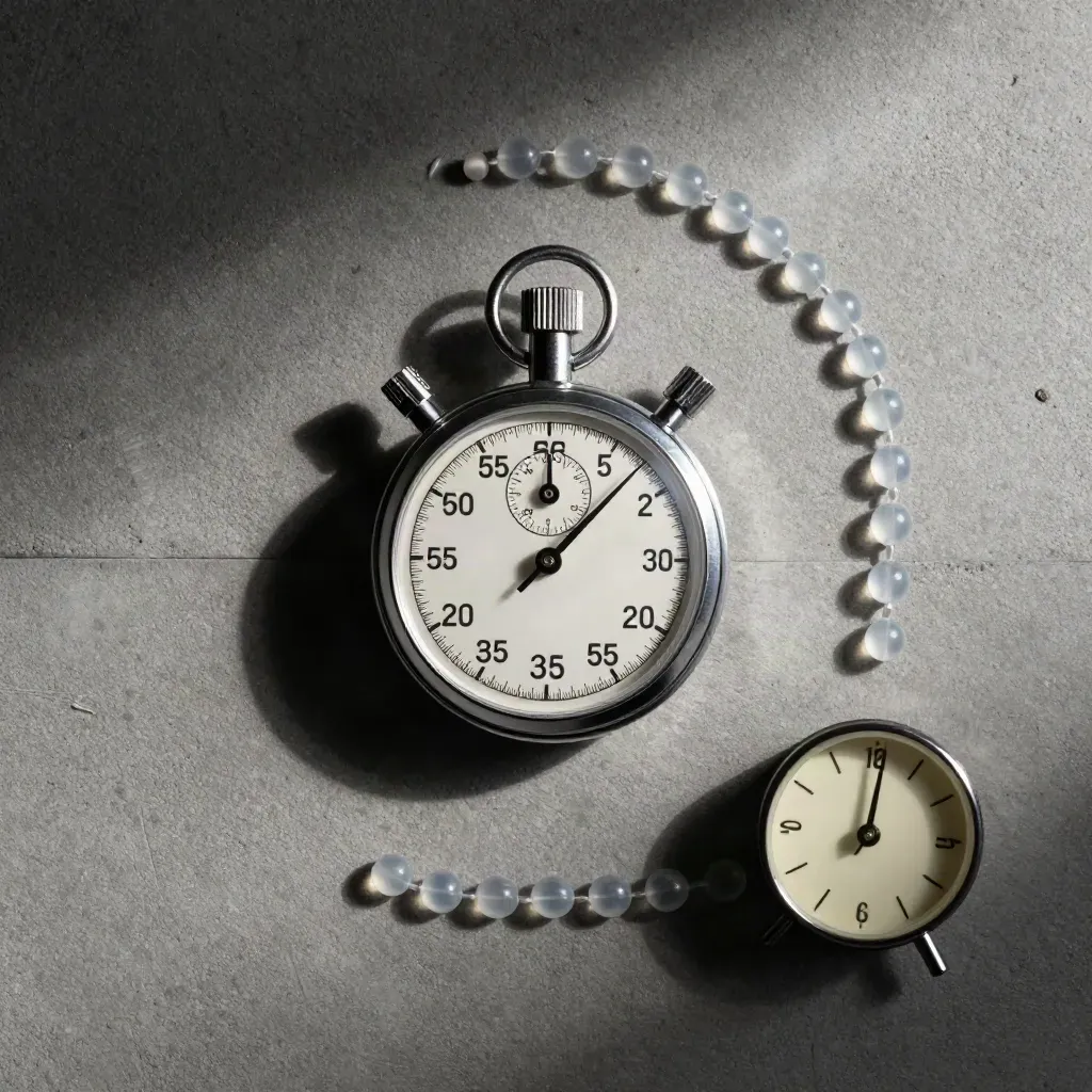 Bovenaanzicht van stopwatch, handteller, observatieparels en klok op beton.
