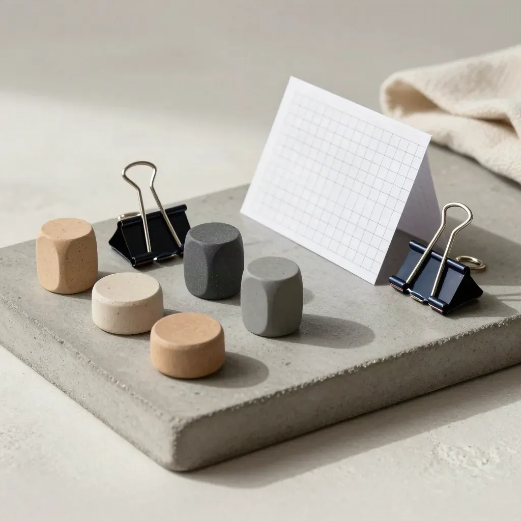 Gestileerde tray met kleurchips, binders en een donkerblauwe magneetschaal op steen.
