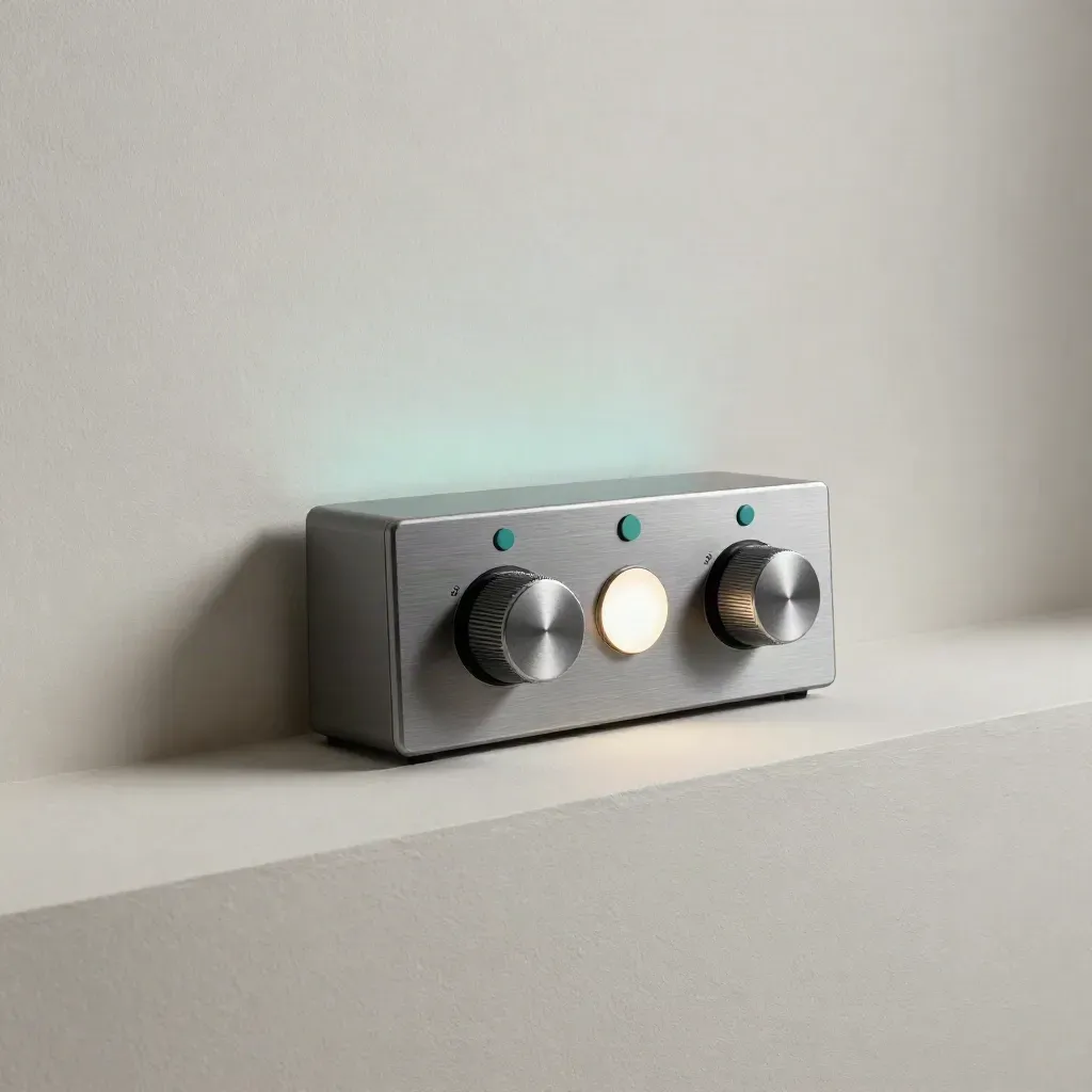 Follow-up console met draaiknoppen, magnetische markeringen en zacht signaallampje op een lichte ledge.