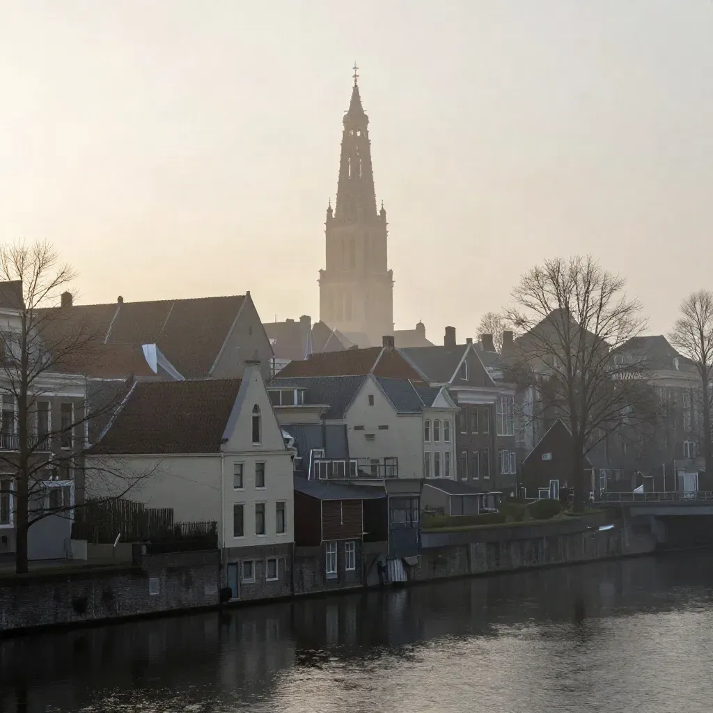 Domtoren boven mistige Utrechtse grachten en stille daken bij zonsopkomst