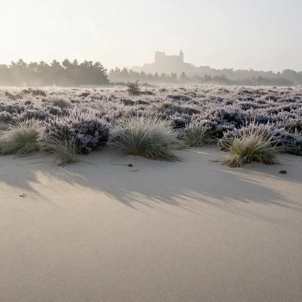 Mistig Gelderlands heidelandschap met zand, dennenrand en kasteel in de verte.